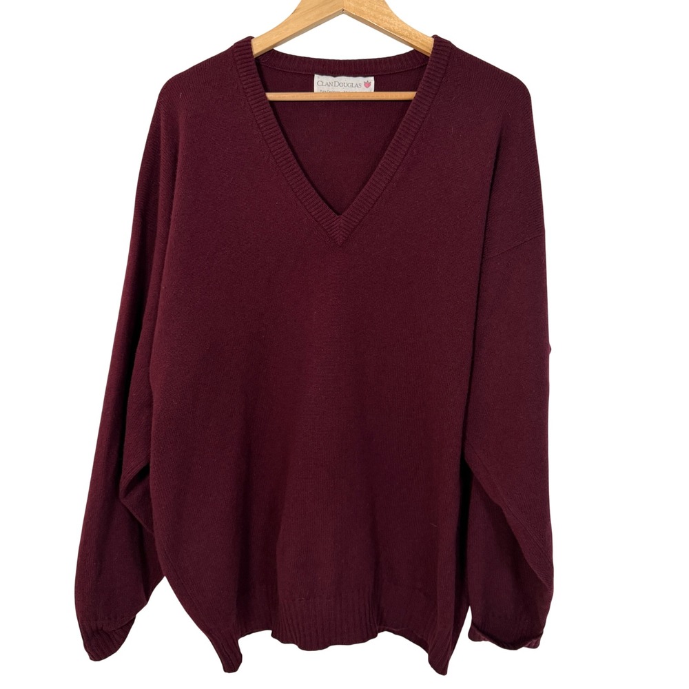 Clan Douglas V-Neck Sweater Mens XL Burgundy Good Pure Cashmere Made in Scotland